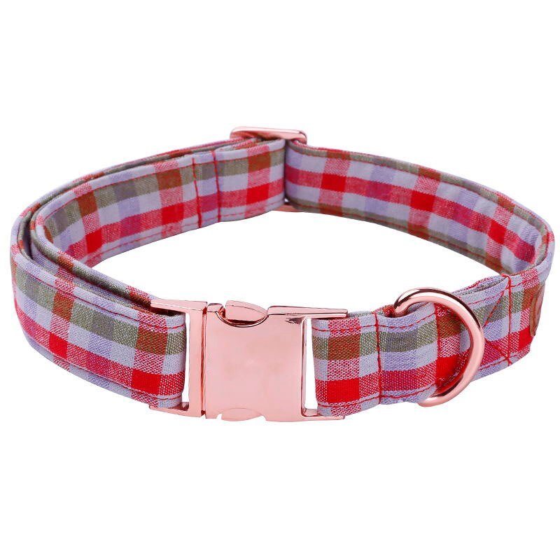 Gingham Bow Tie Dog Collar with Red, Purple, and Brown Pattern