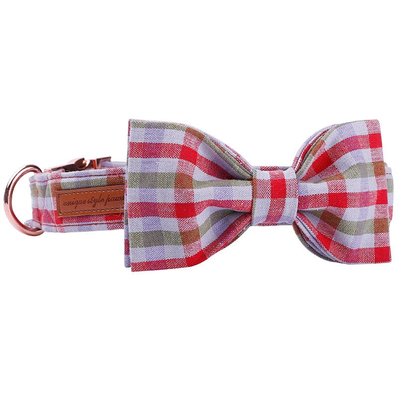 Gingham Bow Tie Dog Collar with Red, Purple, and Brown Pattern