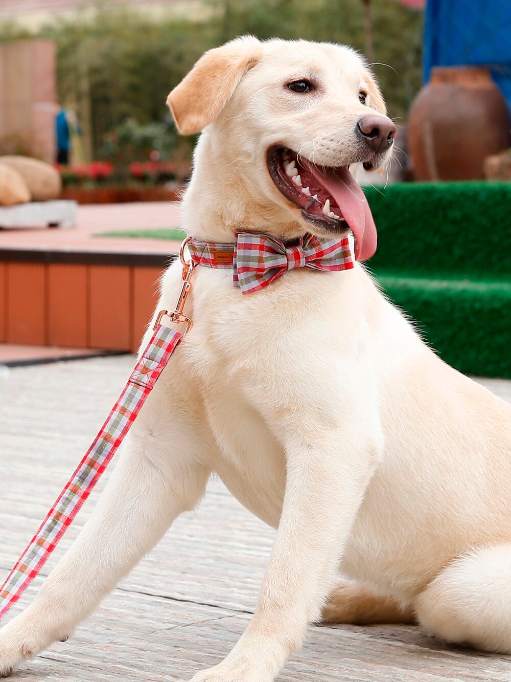 Gingham Bow Tie Dog Collar with Red, Purple, and Brown Pattern