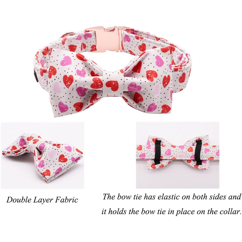 Valentine's Day Bow Tie Dog Collar with Small Pink and Red Hearts Print