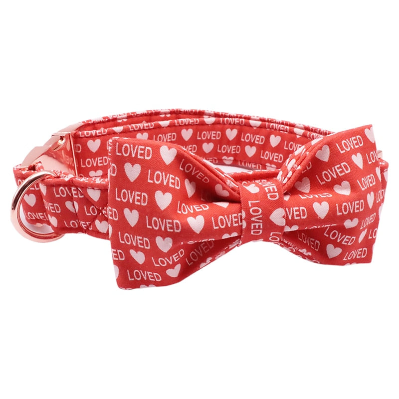 Red Valentine's Day Bow Tie Dog Collar with Hearts and Love Print