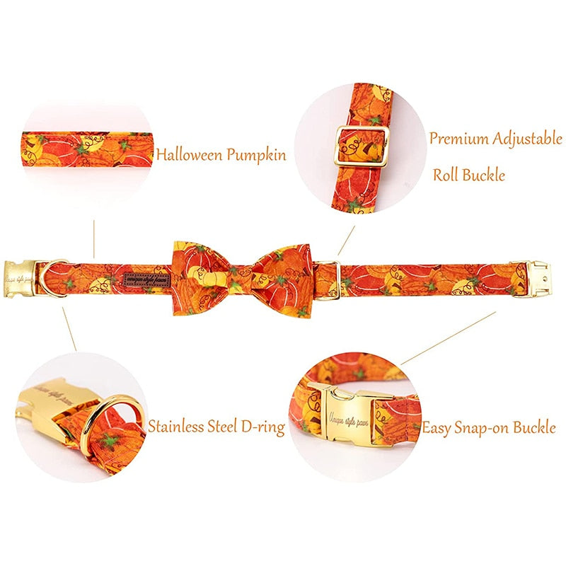 Orange Fall Dog Bow Tie Collar with Pumpkin Pattern