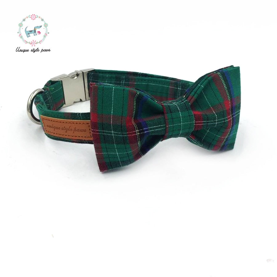 Green Plaid Bow Tie Dog Collar