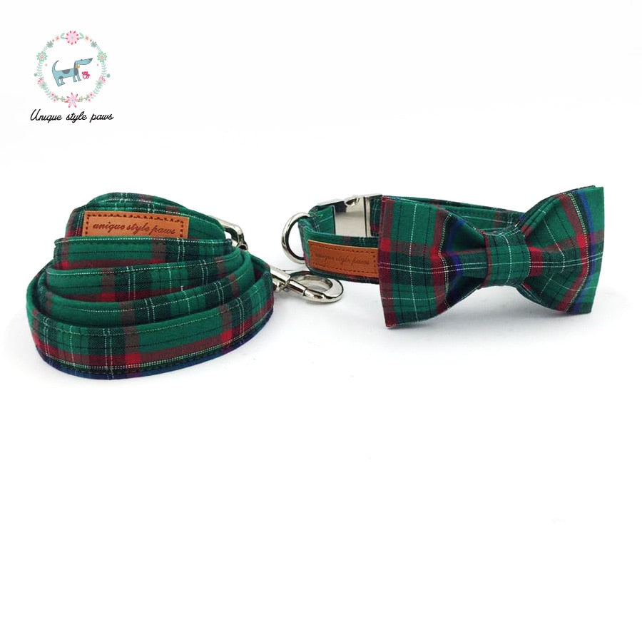 Green Plaid Bow Tie Dog Collar