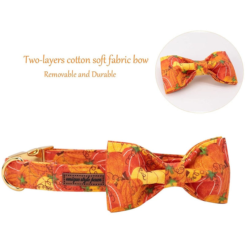 Orange Fall Dog Bow Tie Collar with Pumpkin Pattern