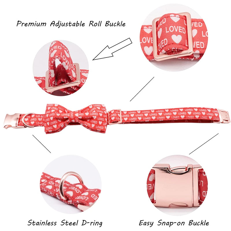 Red Valentine's Day Bow Tie Dog Collar with Hearts and Love Print