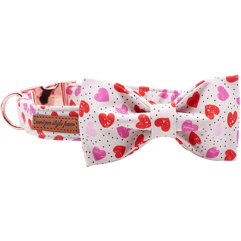Valentine's Day Bow Tie Dog Collar with Small Pink and Red Hearts Print