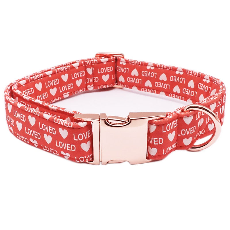 Red Valentine's Day Bow Tie Dog Collar with Hearts and Love Print