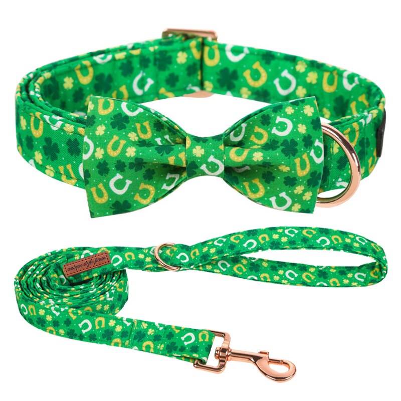 Green St. Patrick's Day Bow Tie Dog Collar with Horseshoe and Clover Print