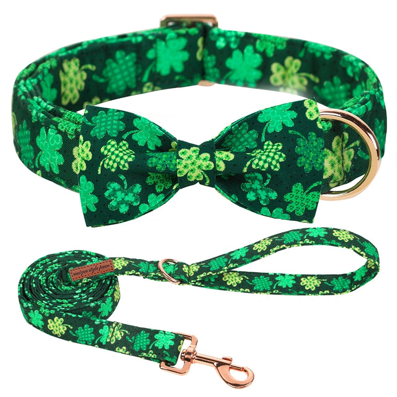Green St. Patrick's Day Bow Tie Dog Collar with Rainbow and Clover Print
