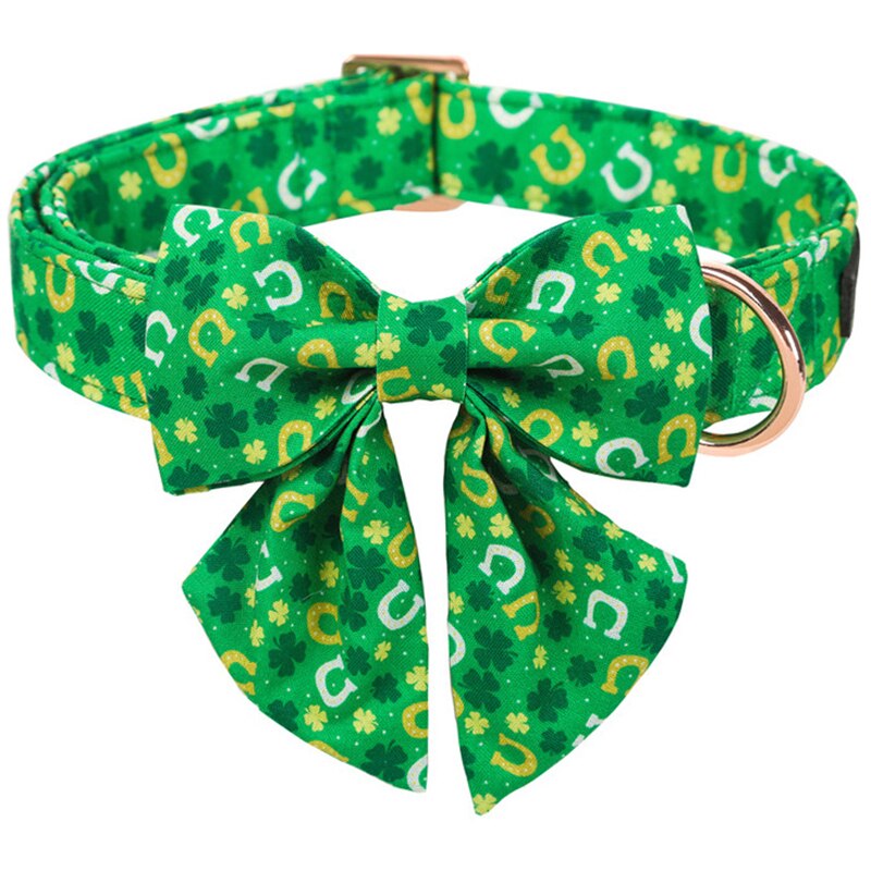 Green St. Patrick's Day Bow Tie Dog Collar with Horseshoe and Clover Print