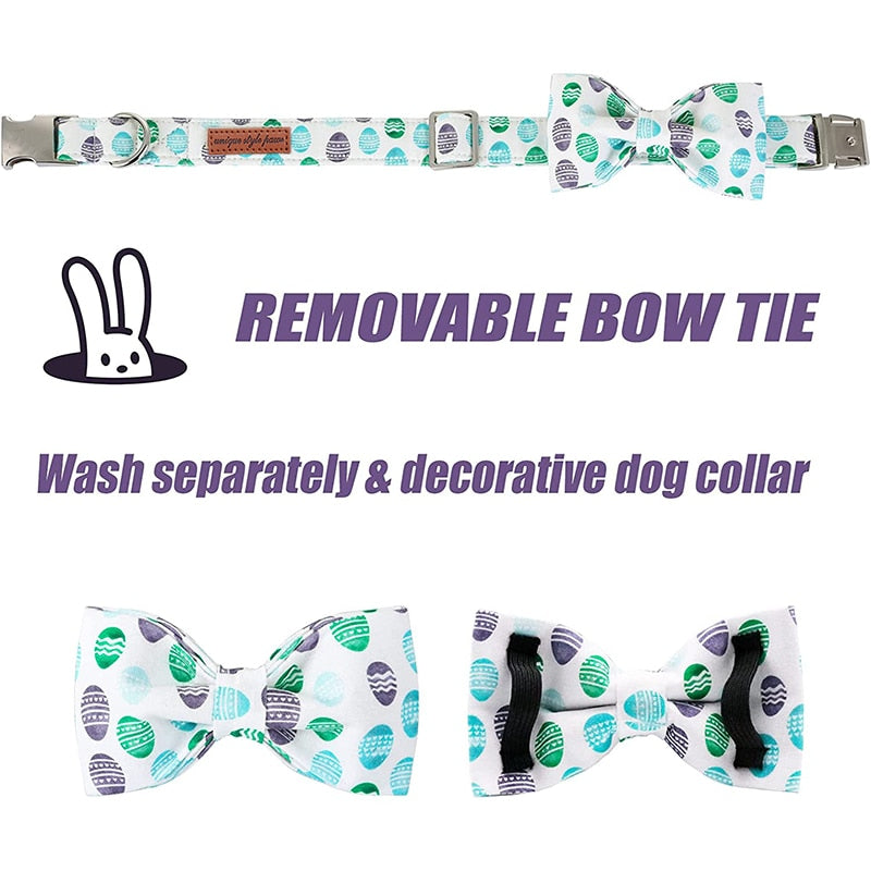 White Easter Bow Tie Dog Collar with Eggs Pattern