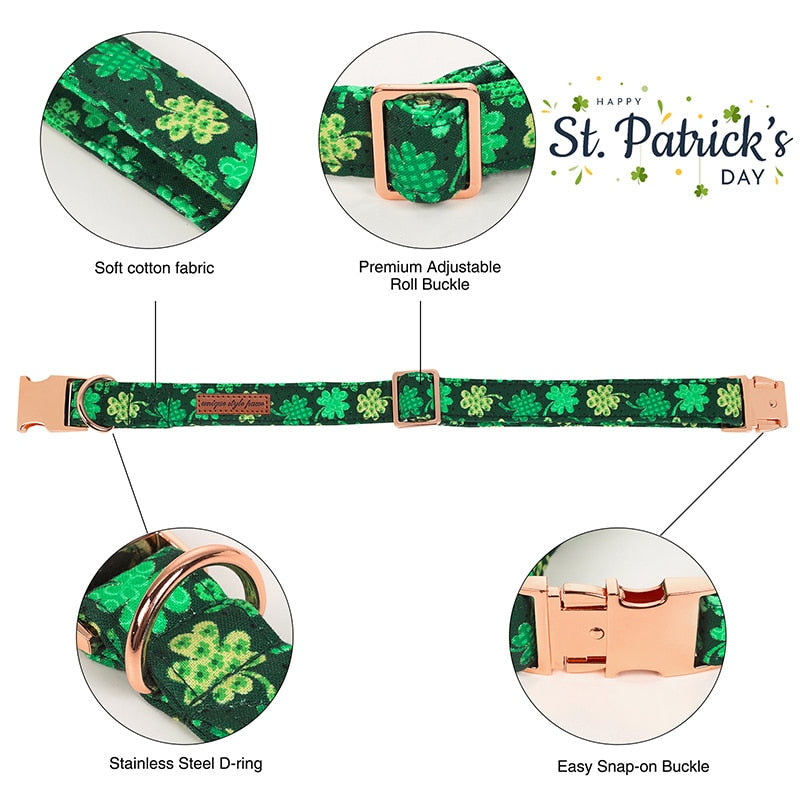 Green St. Patrick's Day Bow Tie Dog Collar with Rainbow and Clover Print