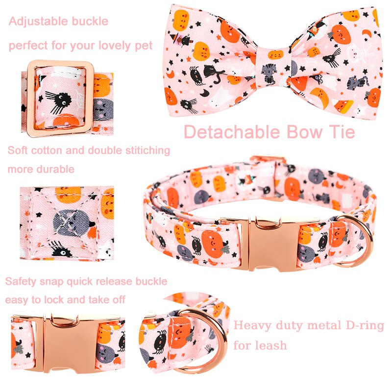 White Fall Dog Bow Tie Collar with Halloween Print