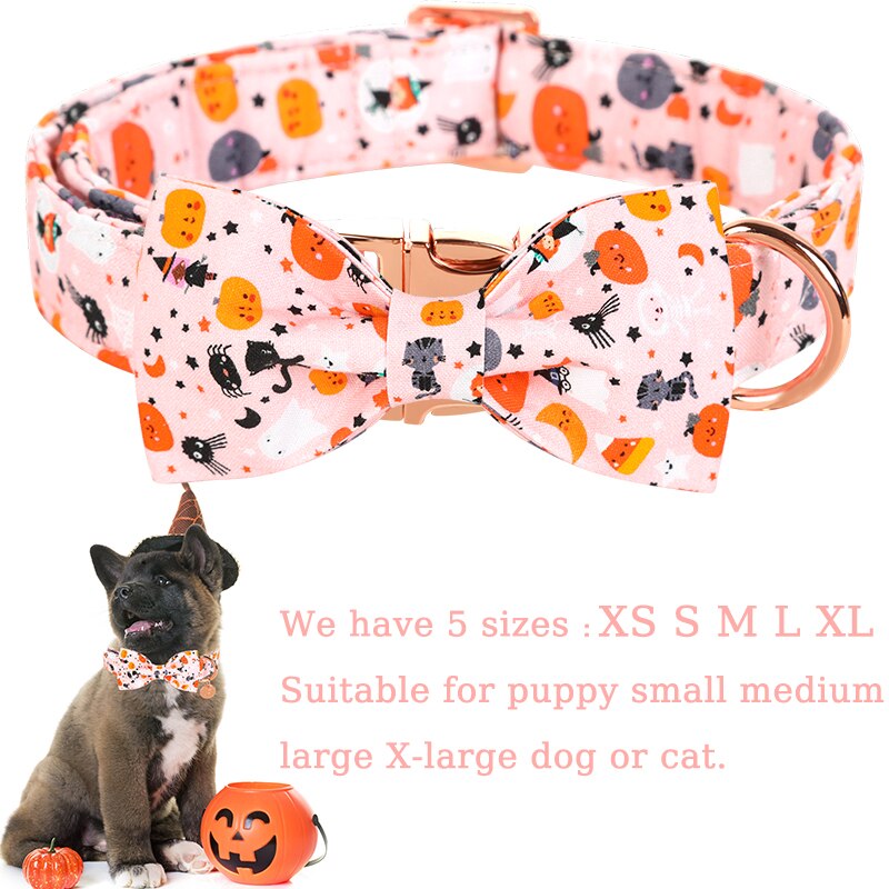 White Fall Dog Bow Tie Collar with Halloween Print