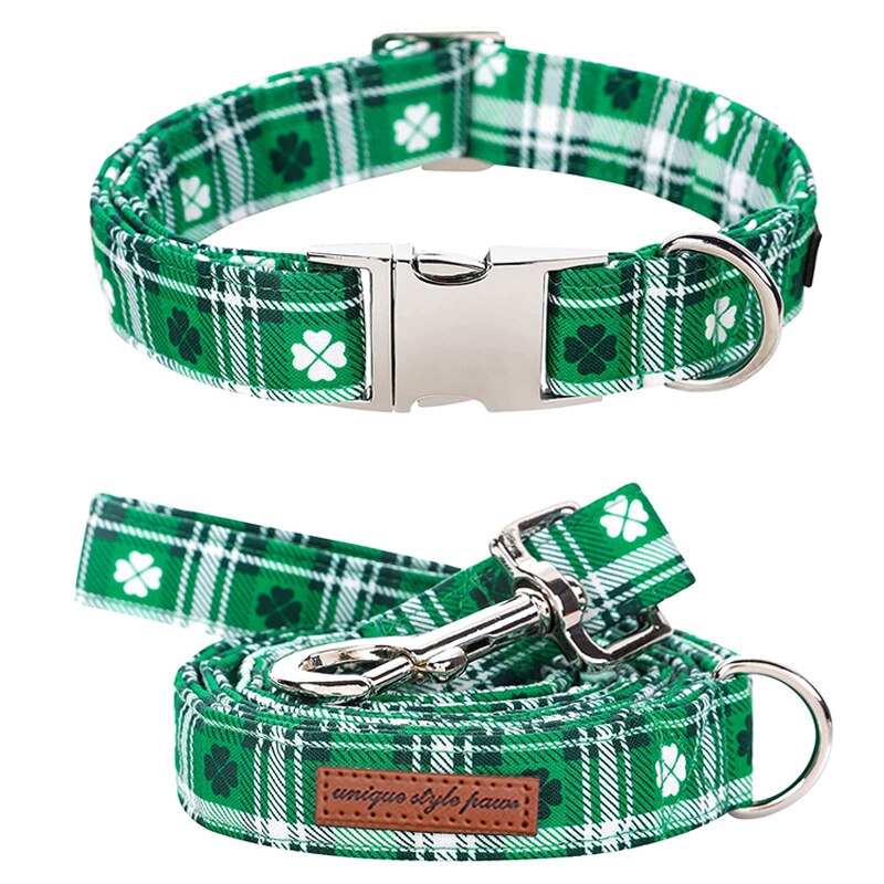 Green Plaid St. Patrick's Day Bow Tie Dog Collar with Clover Print