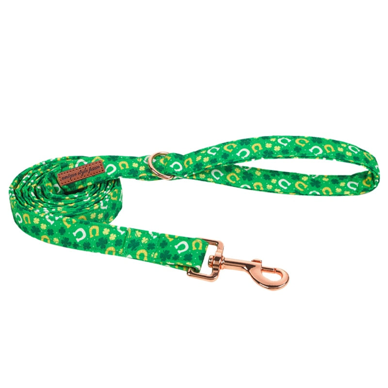 Green St. Patrick's Day Bow Tie Dog Collar with Horseshoe and Clover Print