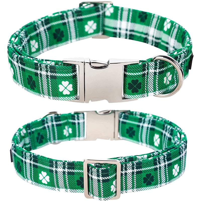 Green Plaid St. Patrick's Day Bow Tie Dog Collar with Clover Print