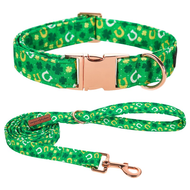 Green St. Patrick's Day Bow Tie Dog Collar with Horseshoe and Clover Print