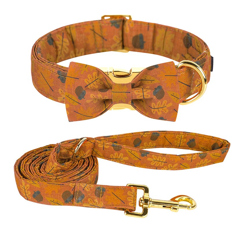 Fall Dog Collar Bow Tie with Leaf and Acorn Pattern