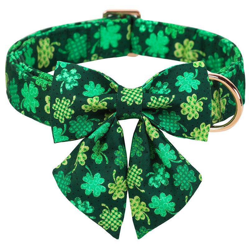 Green St. Patrick's Day Bow Tie Dog Collar with Rainbow and Clover Print