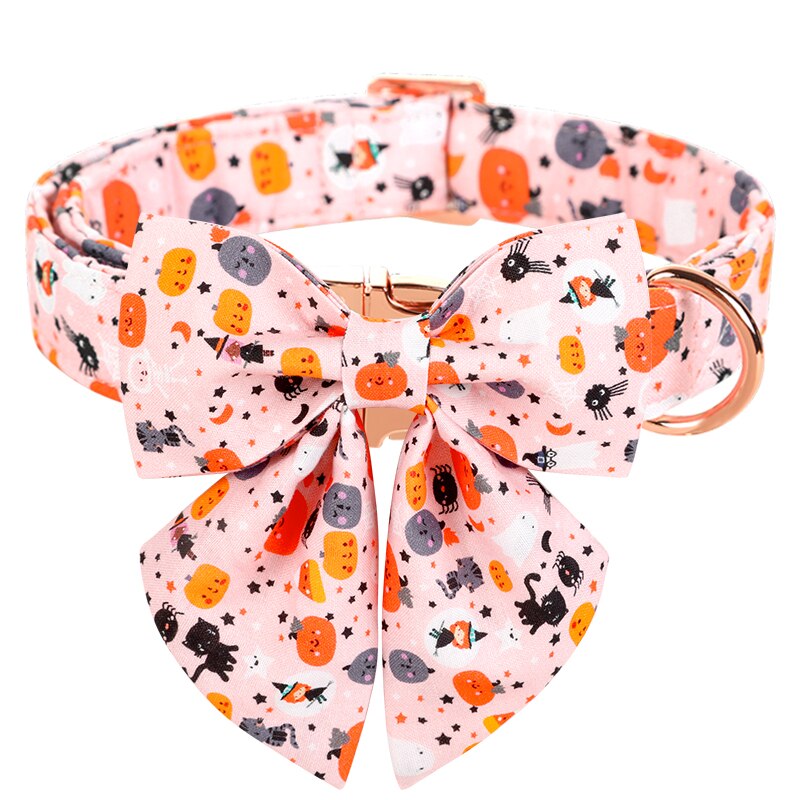 White Fall Dog Bow Tie Collar with Halloween Print