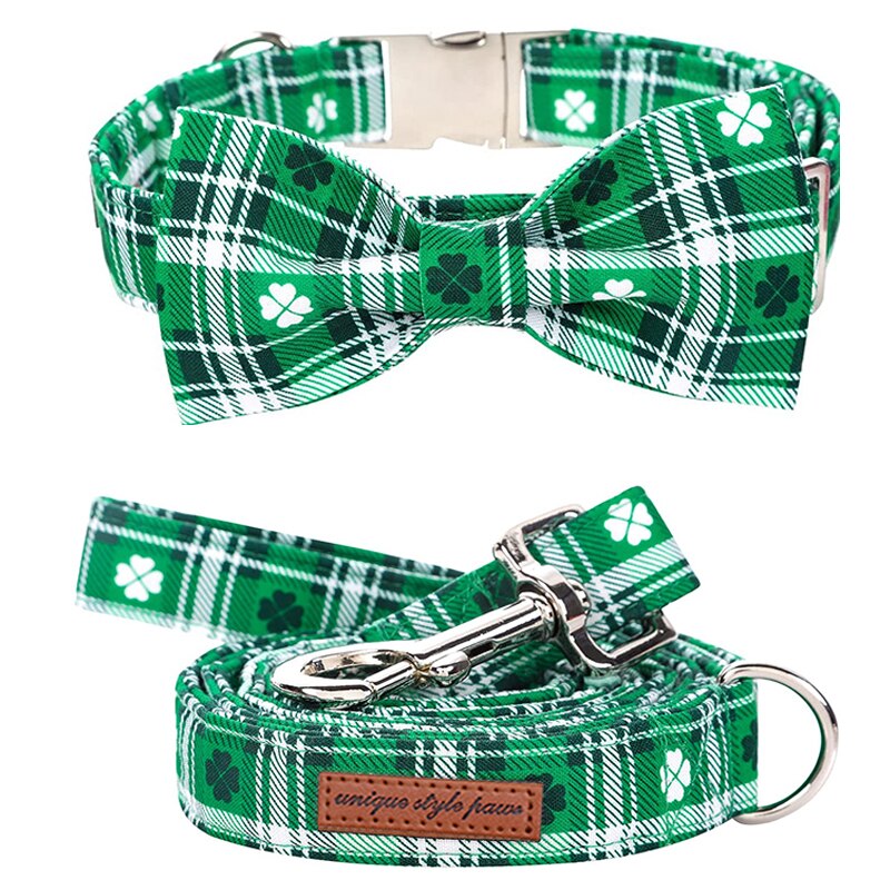 Green Plaid St. Patrick's Day Bow Tie Dog Collar with Clover Print