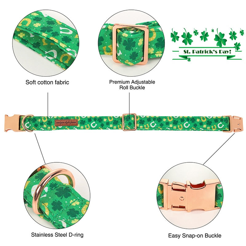Green St. Patrick's Day Bow Tie Dog Collar with Horseshoe and Clover Print
