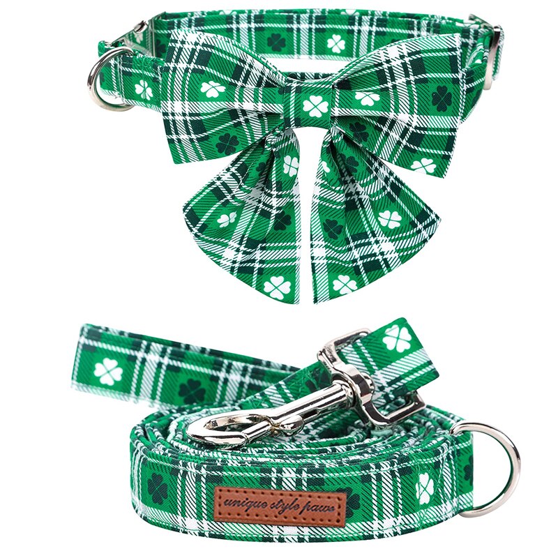Green Plaid St. Patrick's Day Bow Tie Dog Collar with Clover Print