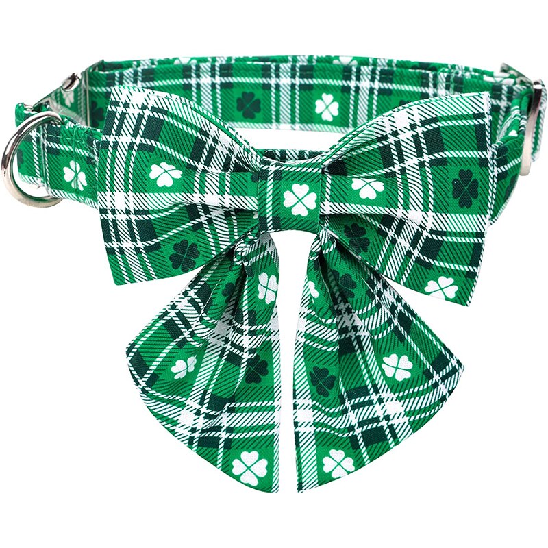 Green Plaid St. Patrick's Day Bow Tie Dog Collar with Clover Print