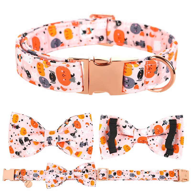 White Fall Dog Bow Tie Collar with Halloween Print