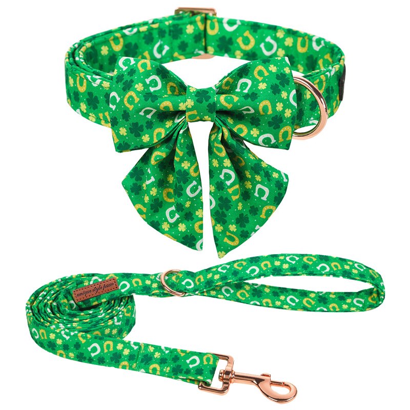 Green St. Patrick's Day Bow Tie Dog Collar with Horseshoe and Clover Print