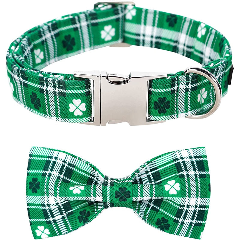 Green Plaid St. Patrick's Day Bow Tie Dog Collar with Clover Print