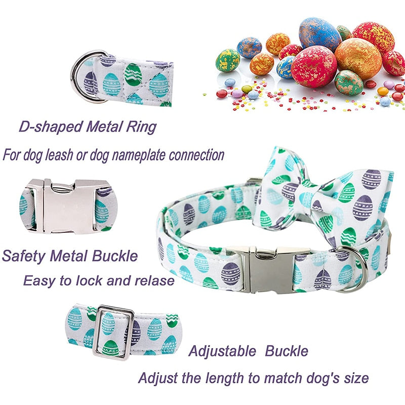 White Easter Bow Tie Dog Collar with Eggs Pattern