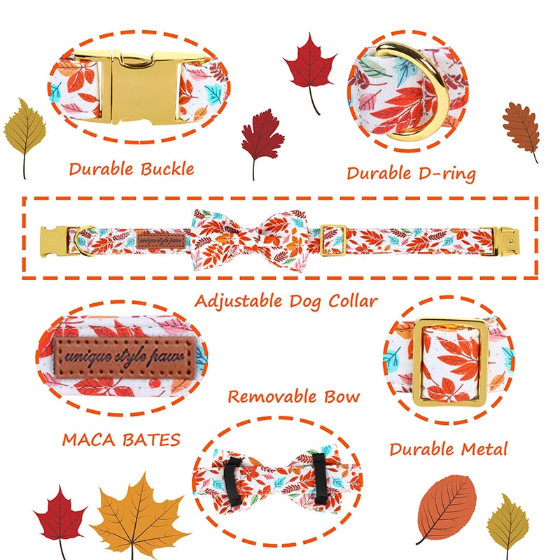White Bow Tie Dog Collar with Autumn Leaves Print