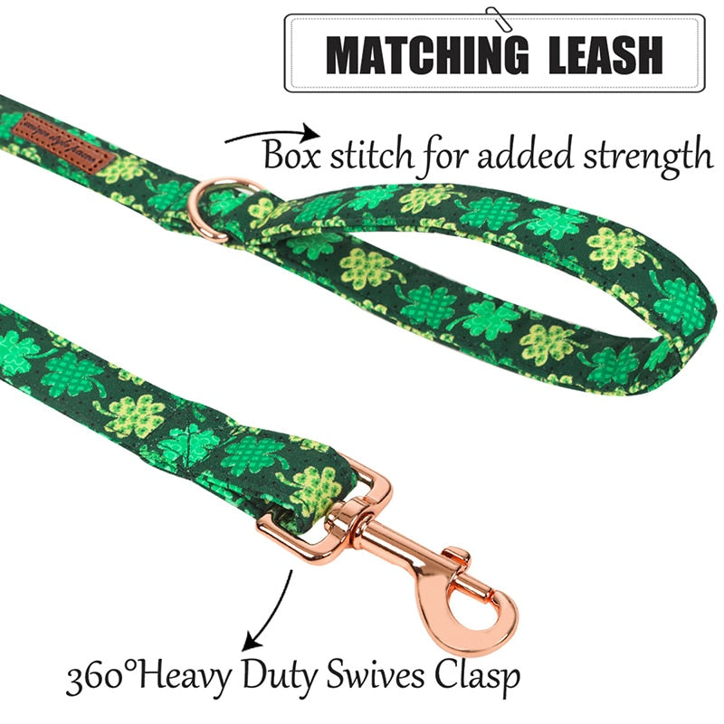 Green St. Patrick's Day Bow Tie Dog Collar with Rainbow and Clover Print