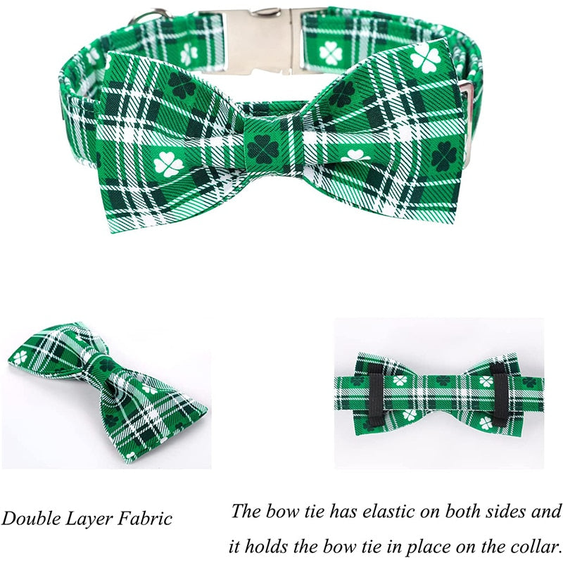 Green Plaid St. Patrick's Day Bow Tie Dog Collar with Clover Print
