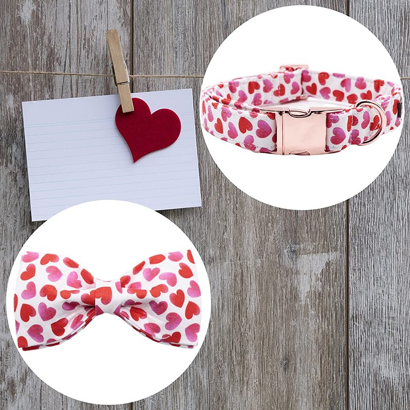 Valentine's Day Bow Tie Dog Collar with Pink and Red Hearts Print