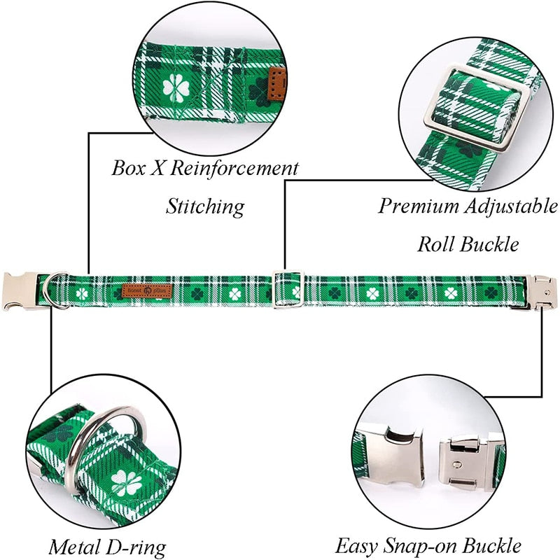Green Plaid St. Patrick's Day Bow Tie Dog Collar with Clover Print