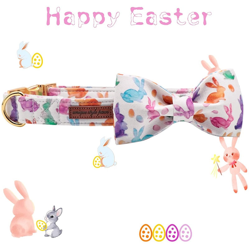 White Easter Bow Tie Dog Collar with Bunny Print