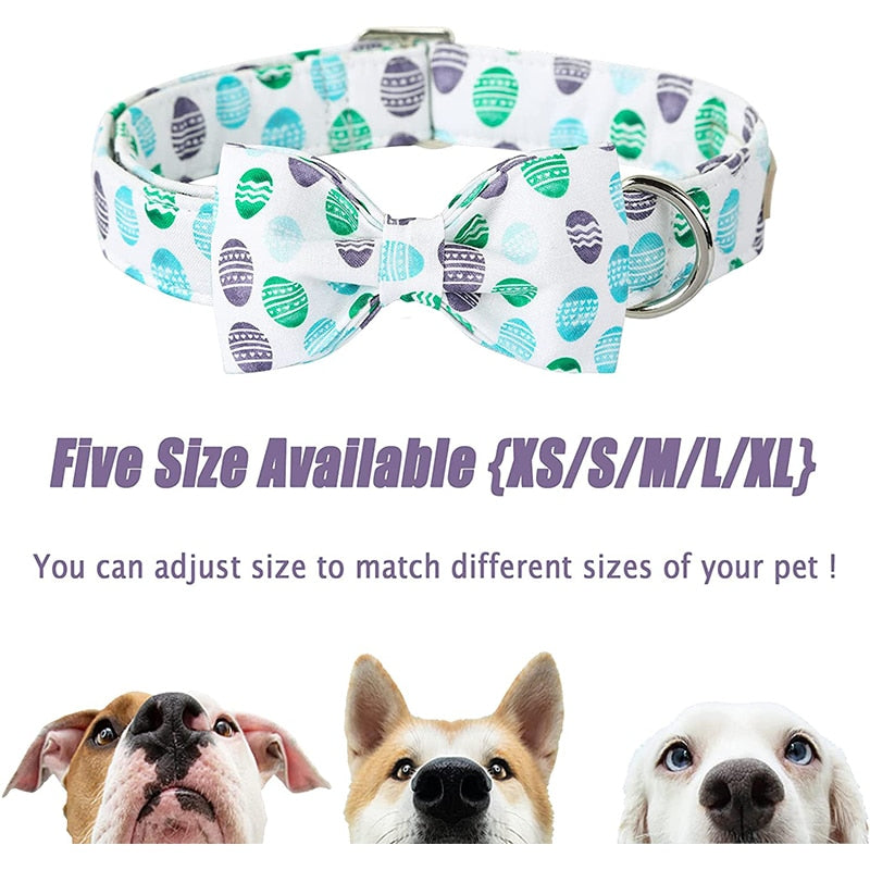 White Easter Bow Tie Dog Collar with Eggs Pattern