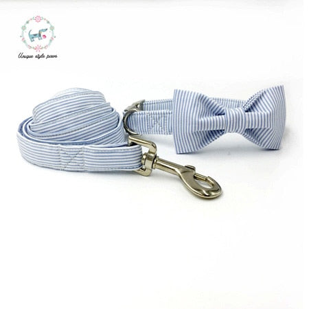 Blue and White Striped Bow Tie Dog Collar