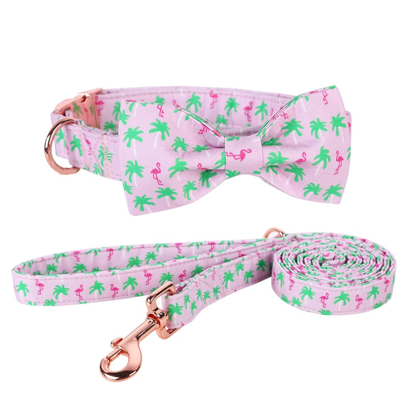 Pink Bow Tie Dog Collar with Palm Tree and Flamingo Print