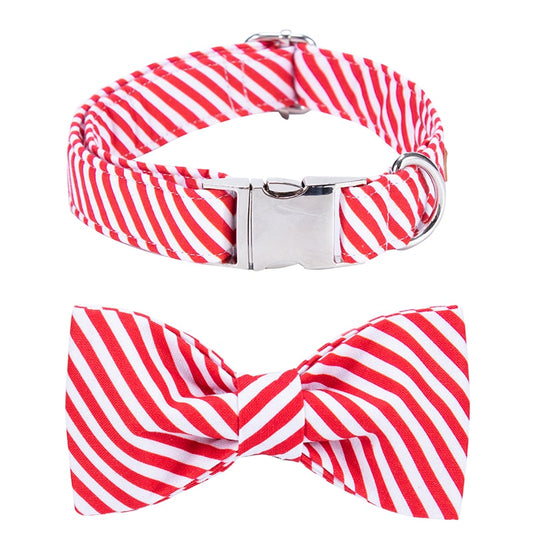 Red and White Striped Bow Tie Dog Collar