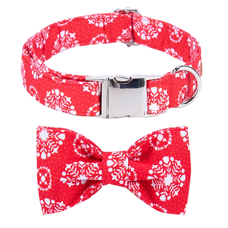 Red Bow Tie Dog Collar with Snowflake Print