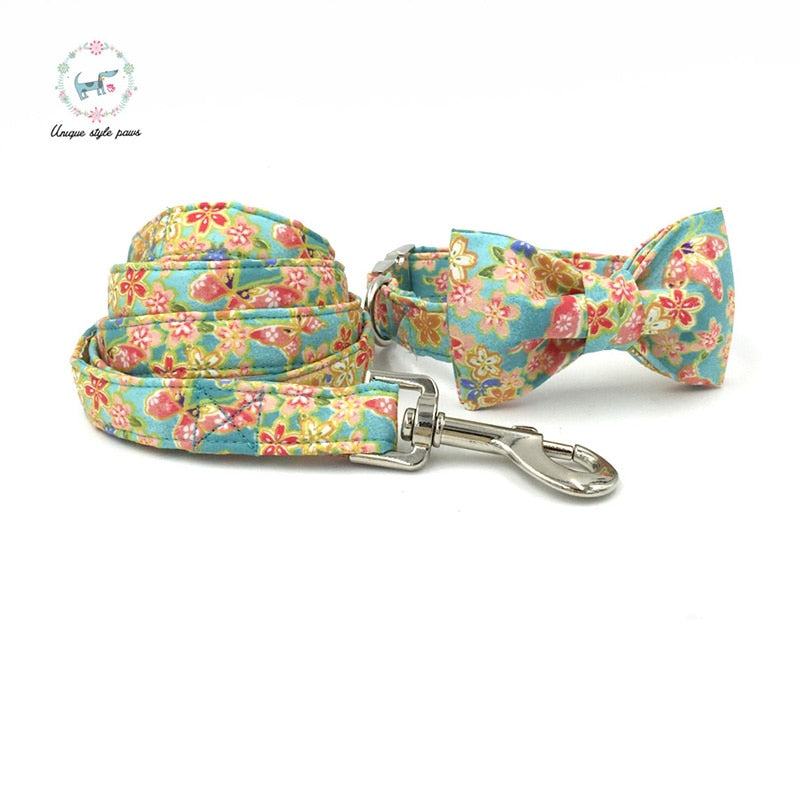 Blue Bow Tie Dog Collar with Floral Print