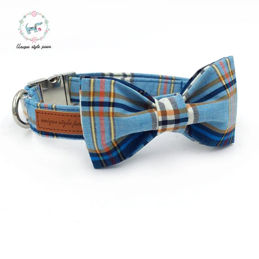 Light Blue Plaid Bow Tie Dog Collar