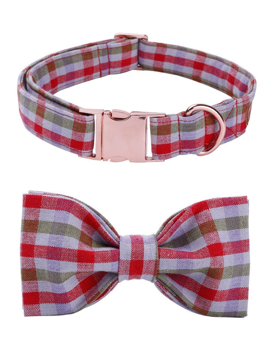 Gingham Bow Tie Dog Collar with Red, Purple, and Brown Pattern