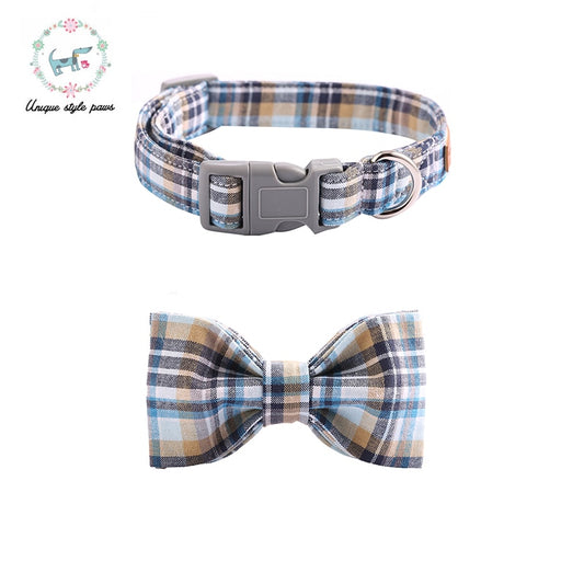 Light Blue Plaid Bow Tie Dog Collar