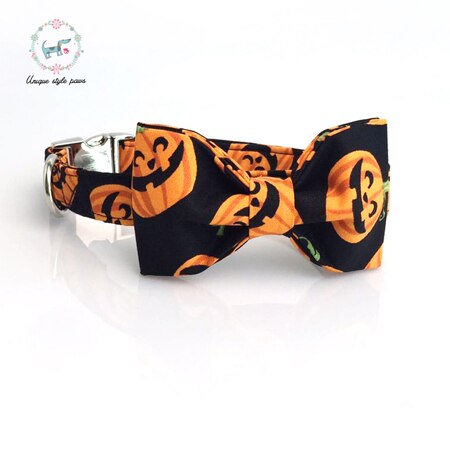 Black Halloween Dog Bow Tie Collar with Pumpkin Print